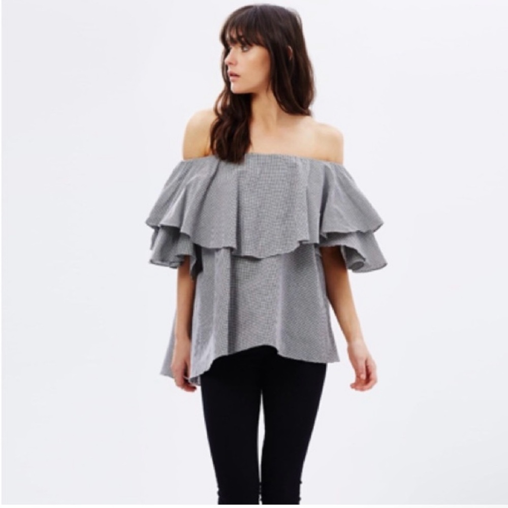 MLM Medium Women’s Maison Shoulder Gingham Off The Shoulder Ruffle  Top